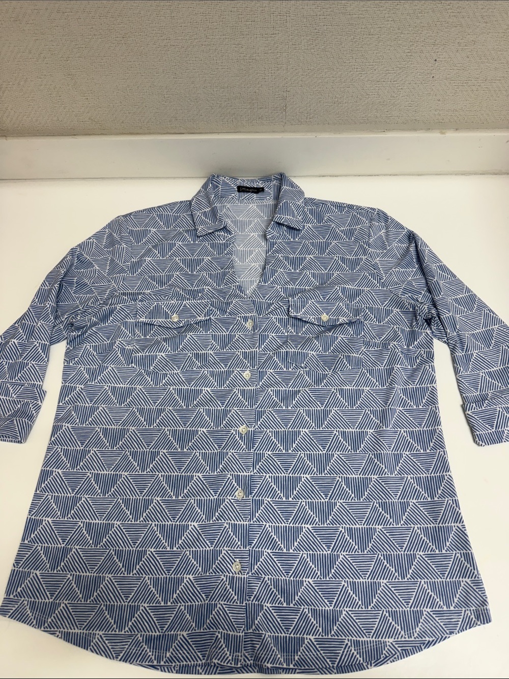 J. McLaughlin White Shirt with Light Blue Geometric Print